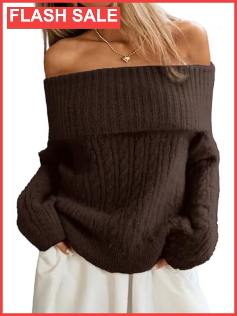 Womens Off Shoulder Cable Knit Sweater Soft Oversized Pullover